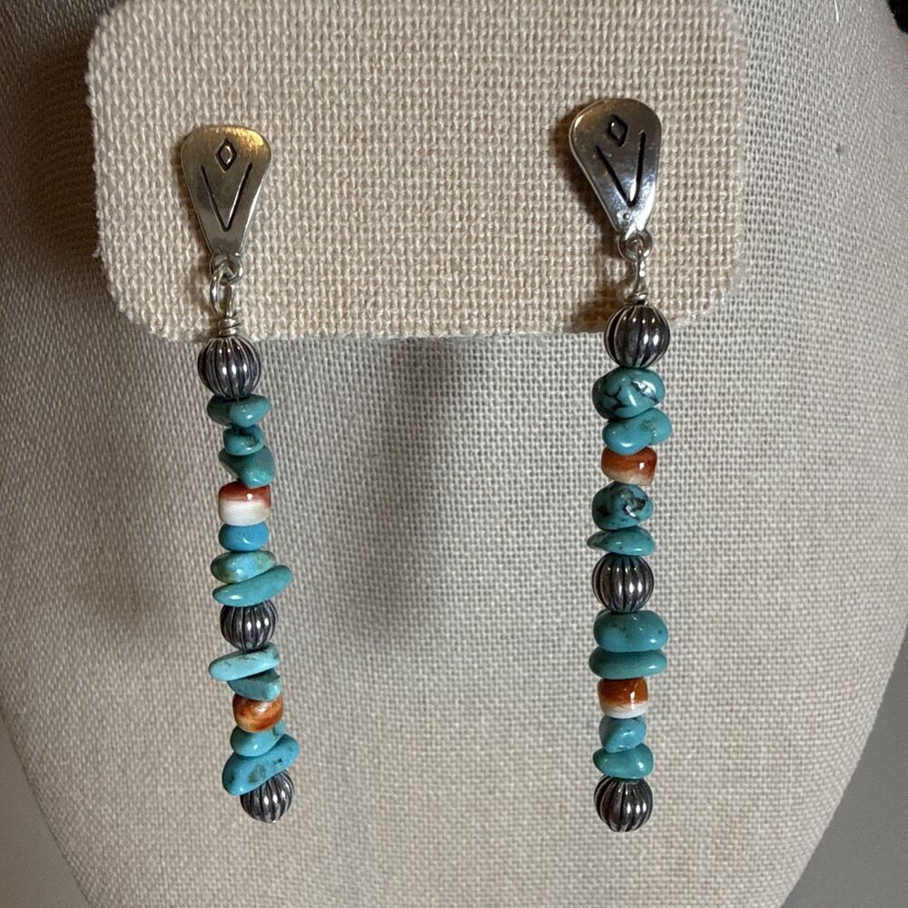 VTG Relios Carolyn Pollack Sterling Coral Turquoise Beaded Dangle Earrings